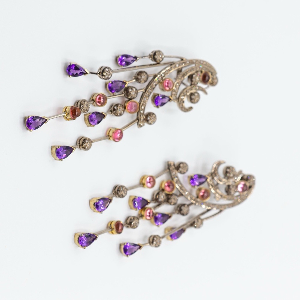 Tourmouline,amethyst Diamond chandelier earrings